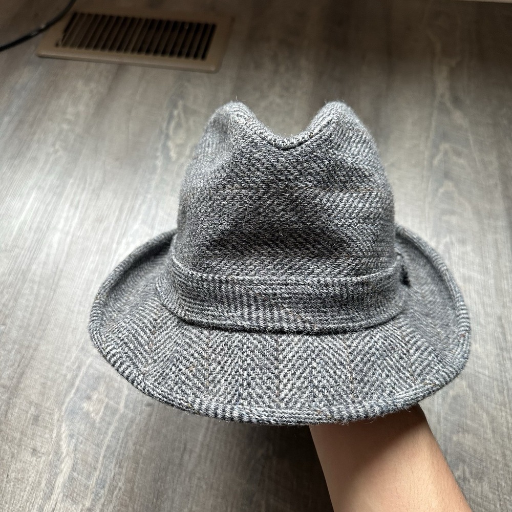 Stetson Men's Fedora Hat Sz 7 3/8‎ Charcoal Gray Herringbone Tweed Classic Retro